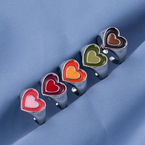Women Double Layer Love Heart Dripping Oil Rings Metal Adjustable Open - Afbeelding 1 van 11