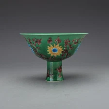 6.1" China Green Space Porcelain Carve Twine Lotus Flower Branch Tall Foot Bowl