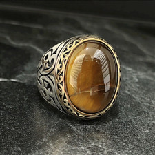 Men Oval Tiger Eye Gemstone Silver Ring , Silver Brown Veined Stone Ring