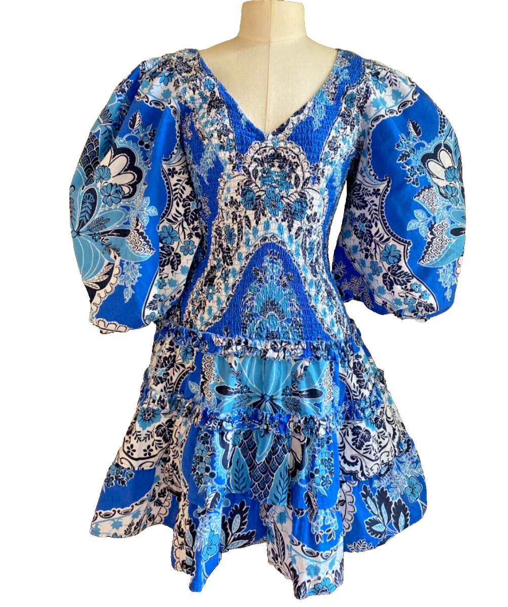 blue tiered mini dress LOVE THE LABEL Audrey Smocked OPEN BACK DRESS SIZE S Sizes:44 Do Not Iron Embellishment:Fully Sparkling Girls Pink Active A-Line