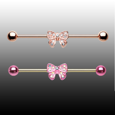 Rose Gold Dainty Bow-Tie Sparkle Industrial Barbell AB Aqua Clear CZ Sexy Cute