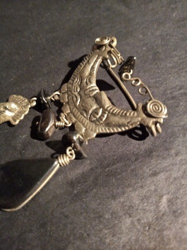 Large Dangly Haematite Aztec Mayan Brooch Pin, Vintage, Moon Sun - Picture 7 of 9
