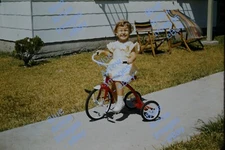1950s 35mm Red Border Slide AMF Junior Tricycle Girl Sidewalk Home #3797