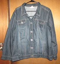 CJ Banks Womens Plus Size 2X Denim Jean Jacket Rhinestone Buttons Ruffles