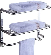 Silver 2-Tier Wall Mount Towel Rack w/ Towel Bar & Hooks, Wall Mount 22"×8"×17"