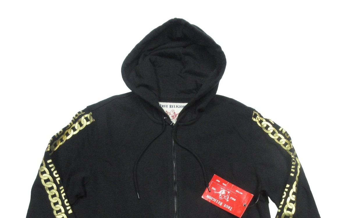 True Religion Men's Black Metallic Gold Chain Logo Full Zip Hoodie
