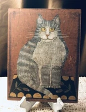 Primitive Folk Art Handcrafted Plaque / Sign, Cross Eyed Cat #2