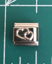 NOS Raised Two Silver Hearts Italian Charm Modular Bracelet Link 9mm