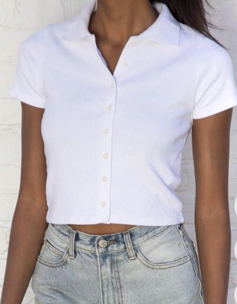 Brandy Melville Solid White Crop Polo Short Sleeve Top