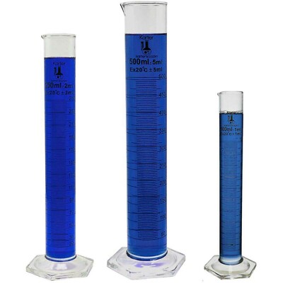 Glass Graduated Cylinder Set, 3 Sizes - 100, 250, 500ml, Karter Scientific