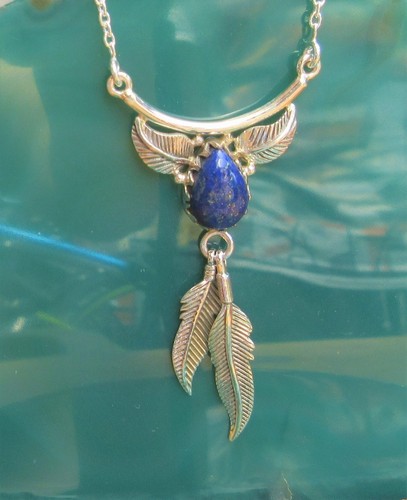 KX Collier Collana Piuma Argento Sterling 925 Lapislazzuli Blu - Foto 2 di 3