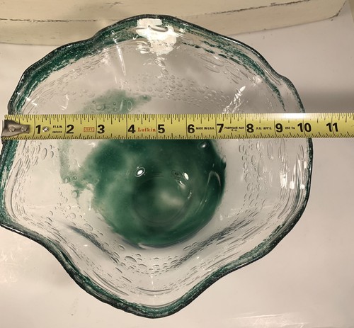 Vintage MCM Style Handkerchief Bowl 10-11” Handblown Crystal Green Abstract - Picture 10 of 11