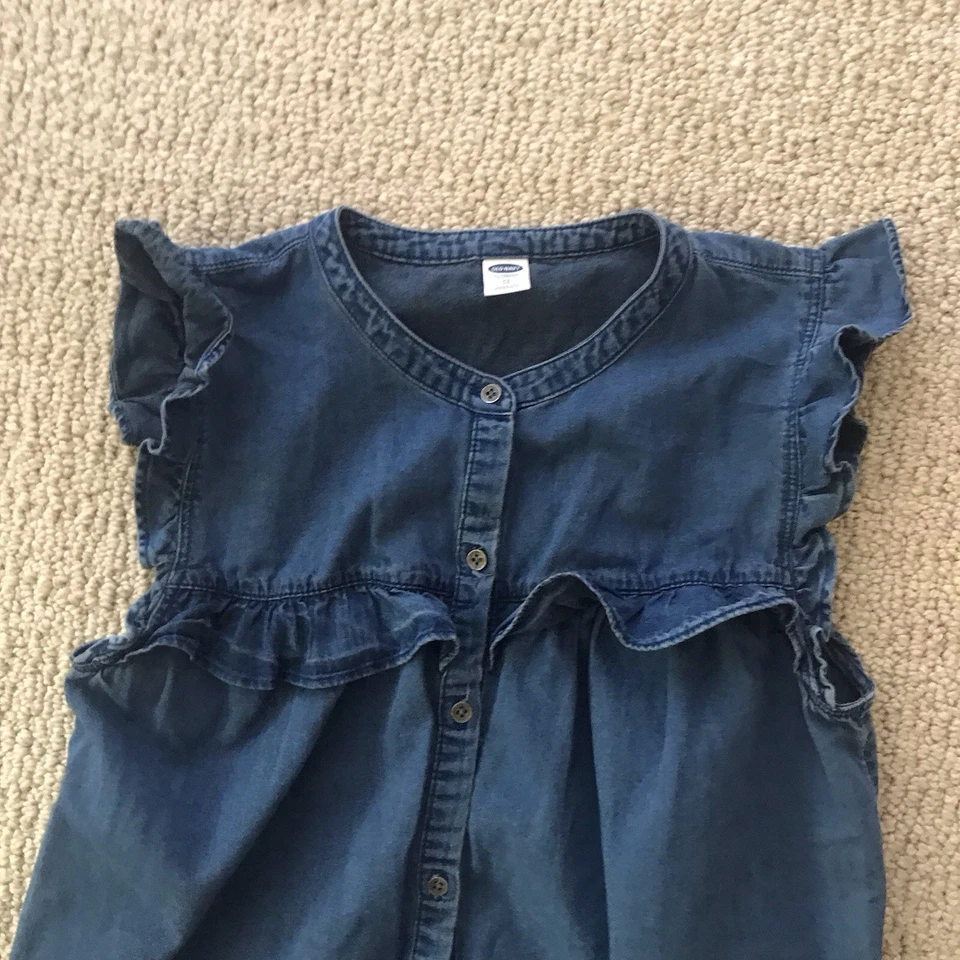 Old Navy Girls Size XS Blue Denim sleeveless dress botton front ruffle - Image 3 of 4