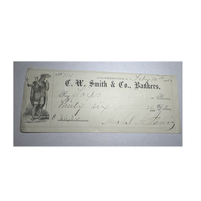 1869 C.W. Smith & Co. Bankers Check Cooperstown NY Antique Banking Document