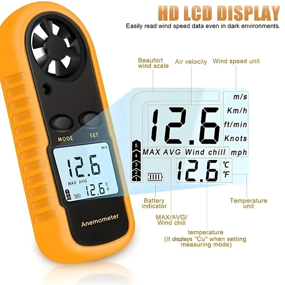 Digital Anemometer Air Flow Meter LCD Wind Speed Gauge Handheld Thermometer - Image 2 of 4