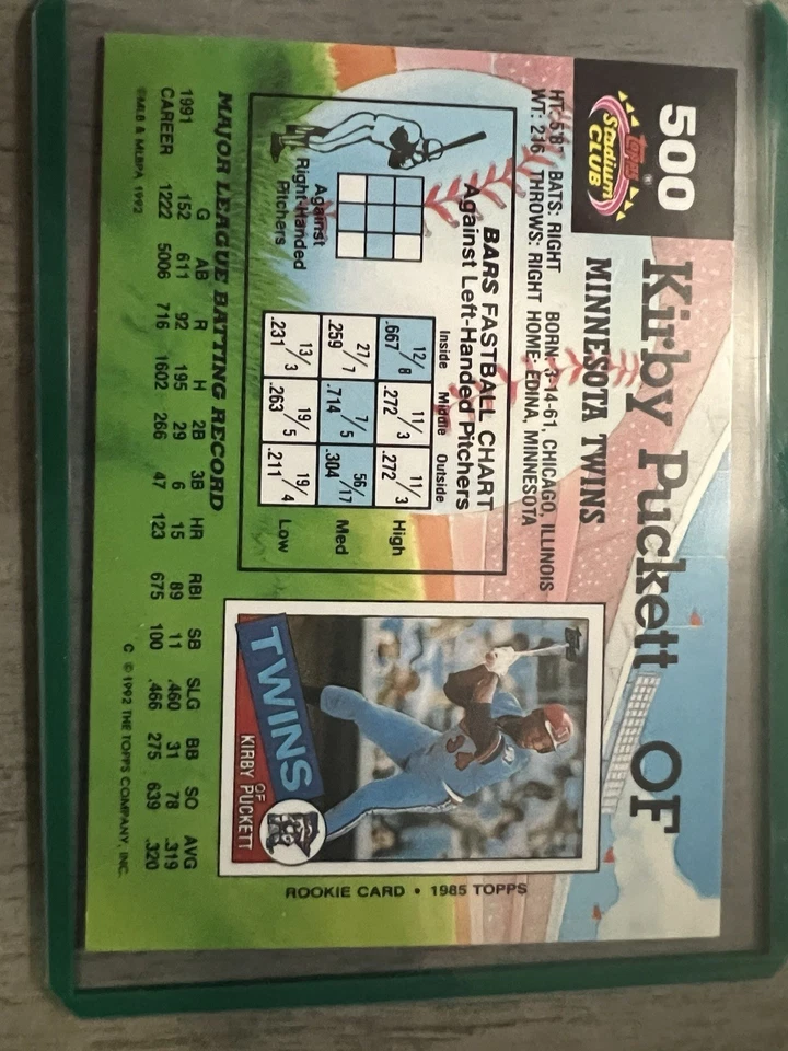 1992 Stadium Club Kirby Puckett #500 –CGZ Est PSA 7 –Wrong DOB Error – NM - Image 3 of 3