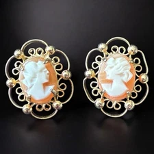 Gold Filled Cameo Earrings Carved Shell 14K GF Filigree Screwback Vintage