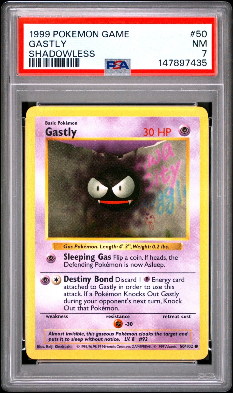 1999 POKEMON GAME BASE SET GASTLY SHADOWLESS #50 PSA 7