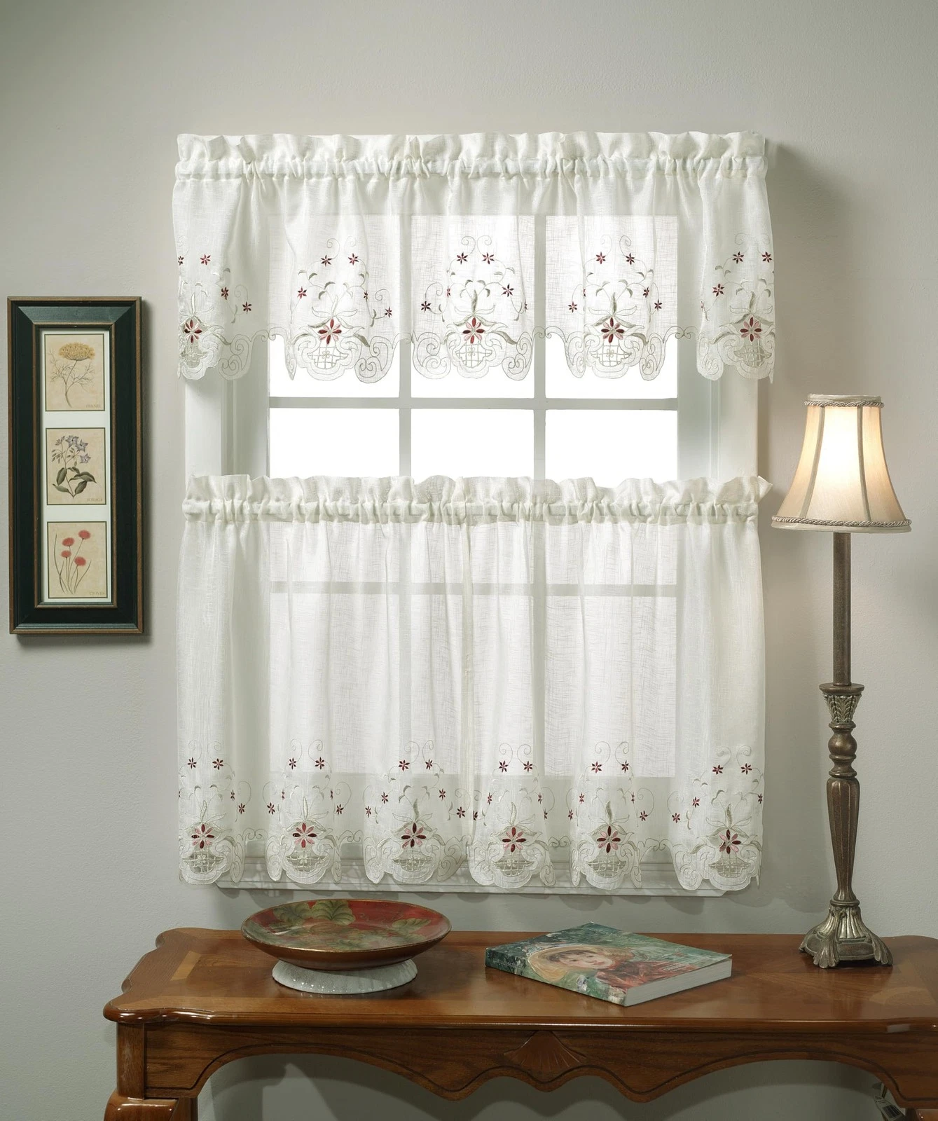 , Sunshine Semi Sheer Embroidery Tier 36", Ecru/Burgundy, 60" W x 36" L