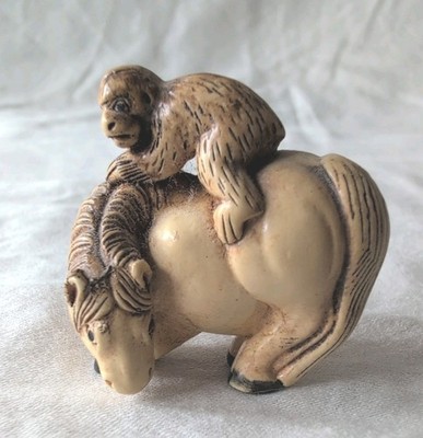 Handmade Carved Signed Netsuke Monkey on Horse Figurine 