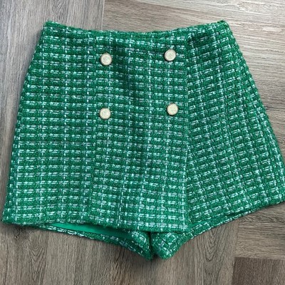 English Factory Tweed Gold Button Plaid Mini Skirt Skort Womens XS Green White
