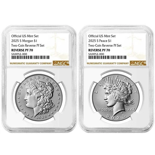 2pc Set - 2025-S Reverse Proof $1 Morgan and Peace Silver Dollar NGC PF70 Brown