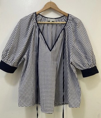 Lee Mathews Olive Puff Sleeve Blouse Size 2 US M Navy/White 100% Cotton $329