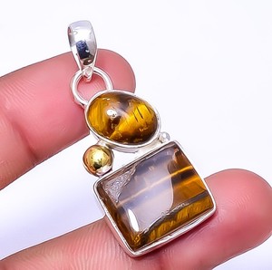 Authentic Yellow Tiger Eye 925 Sterling Silver Two Tone Gold Plated Pendant 1.76" A332