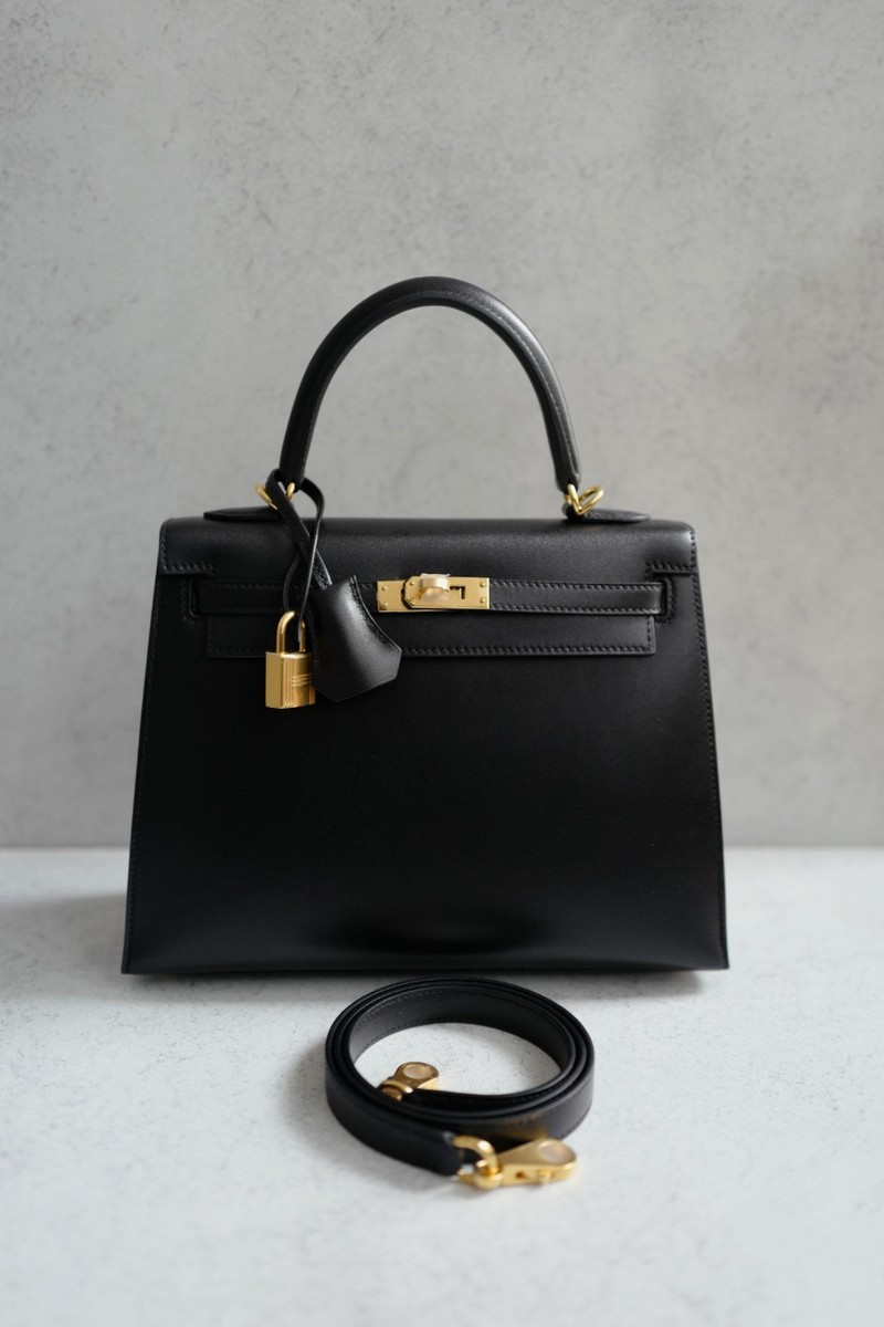 Hermes Kelly 25 Black Tadelakh Sellier Gold HW Complete Original