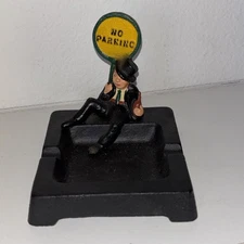 Vintage Wilton Cast Iron Ashtray Drunk Hobo Man  With No Parking Street Sign