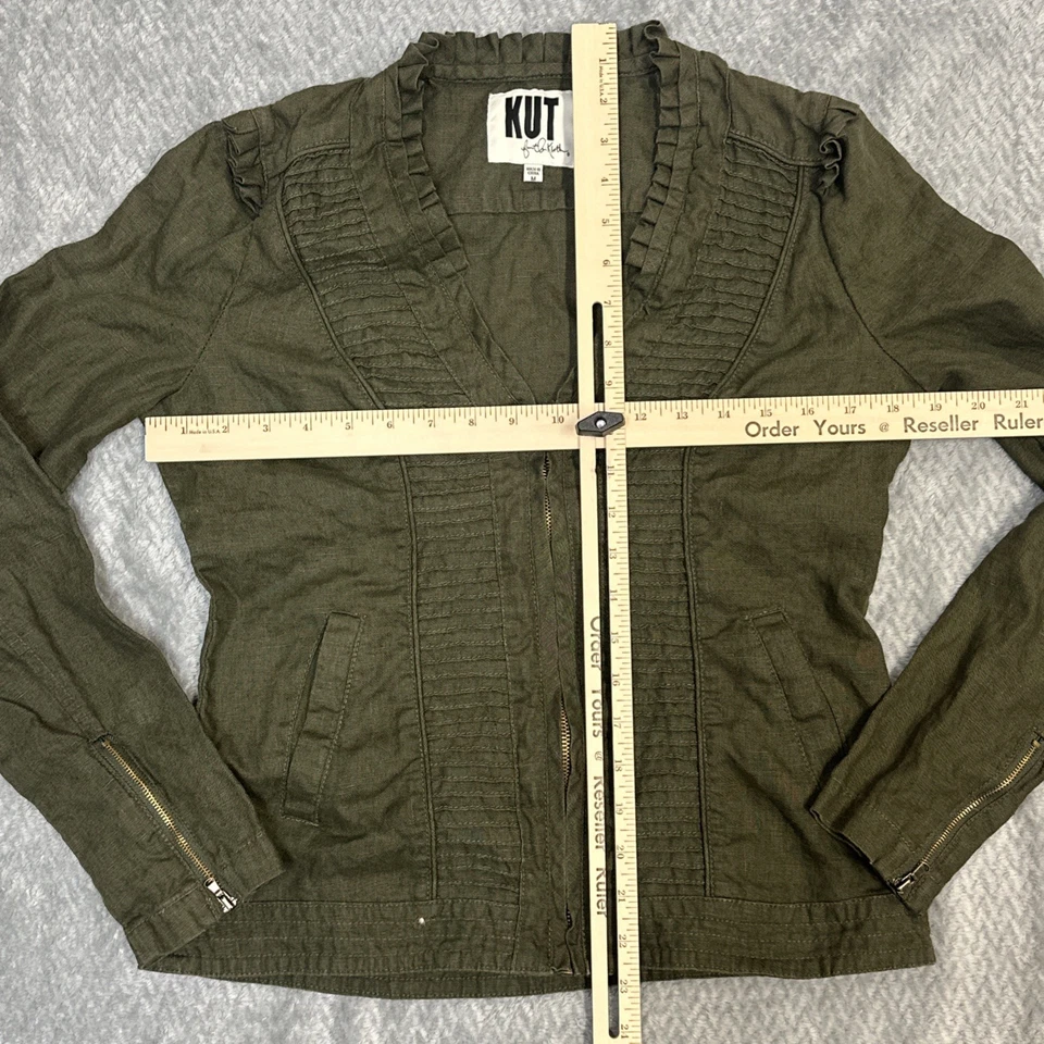Kut from the Kloth Linen Jacket Womens M Army Green Blazer Full Zip Canvas Coat - Image 2 of 4