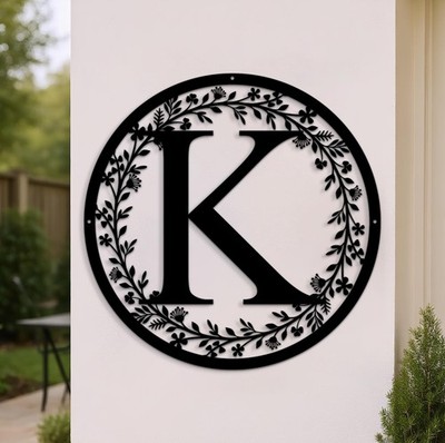 Metal Circle Monogram Sign,Round Initial Letter with Vines,Last Name Metal Sign