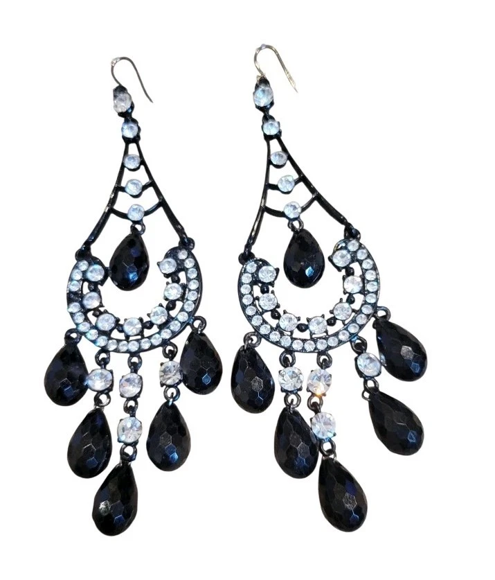 Deslumbrante Brincos de Lustre de Strass 4" Gunmetal Gota Pendurado Gancho Declaração - Imagem 3 de 4