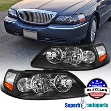 Fits 2005-2011 Lincoln Town Car Black Front Headlights Signal Lamps Pair L+R