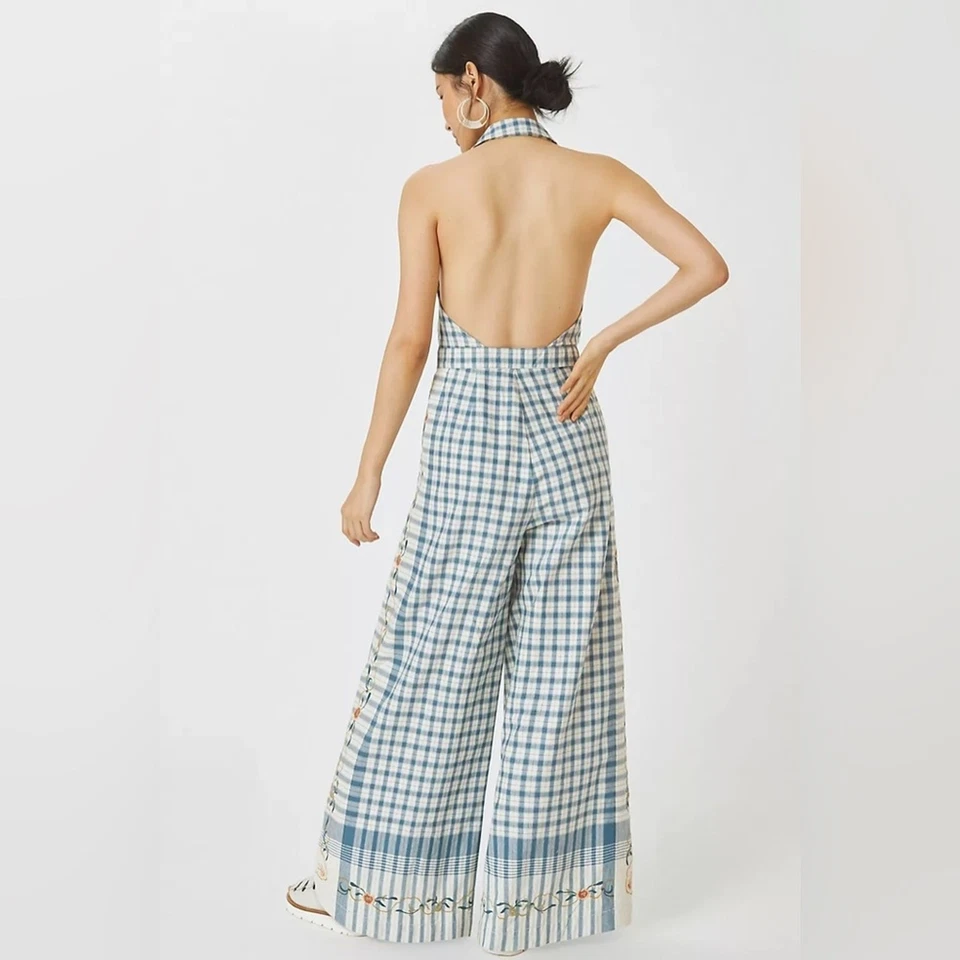 Mono retro Anthropologie nuevo sin etiquetas azul blanco a cuadros floral bordado pierna ancha Foto 2 de 4