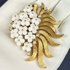 Vintage Crown Trifari Brooch Pin White  Milk Glass Rhinestone Flower PLEASE READ