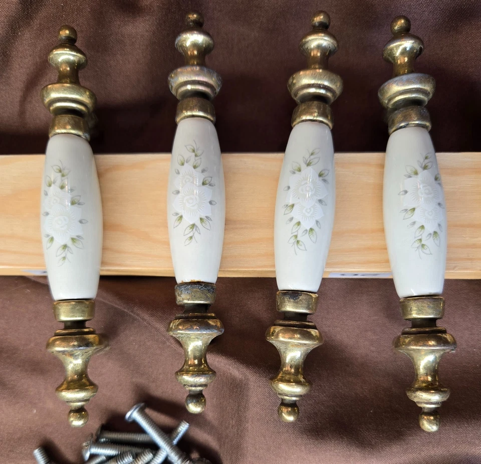 Vintage Floral Porcelain And Brass Drawer Pulls Set Of 12 4.75"-3" Center - Image 3 of 4