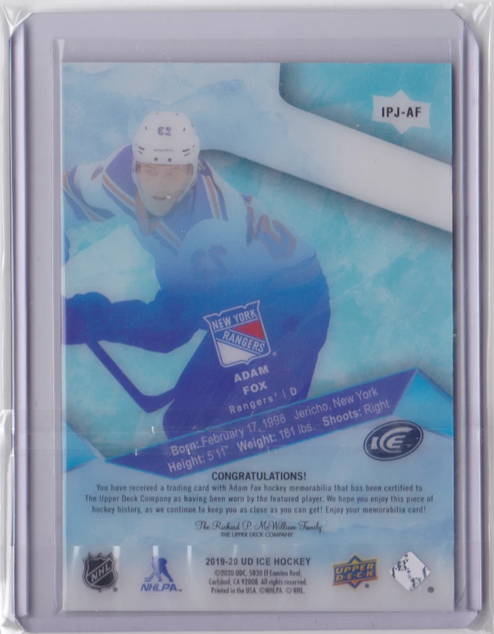 2019-20 UD ICE, ICE PREMIERES JERSEY INSERT ADAM FOX #IPJ-AF NEW YORK RANGERS - Image 2 of 2