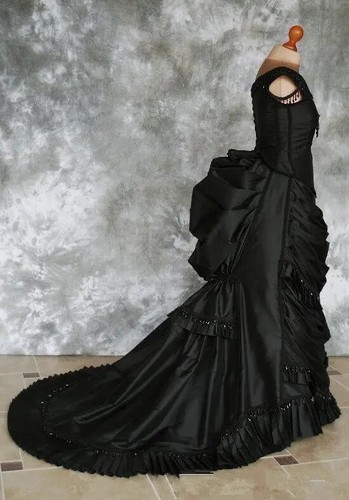 Gothic Black Victorian Evening Dresses Ruched Satin Vampire Ball Halloween Dress - Picture 5 of 7