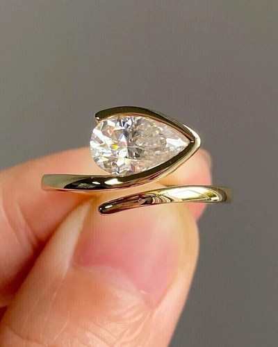 1CT Pear Lab Grown Diamond Open Shank Unique Engagement Ring 14k Yellow Gold
