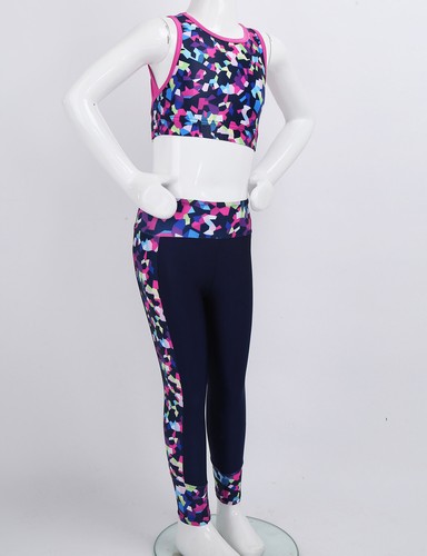 Kids Girls 2pcs Workout Dance Gymnastics Tracksuit Outfit Leggings Crop Tops Set - Picture 31 of 88
