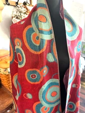 Pashmina Wrap Shawl Scarf, Teal Rust Orange Circle Desing
