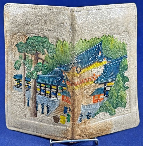 Vintage WWII Japanese Souvenir Hand Tooled Leather Paint Billfold Bi-fold Wallet