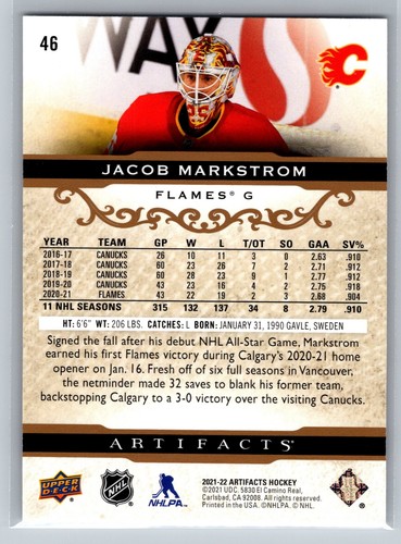 Artefactos de cubierta superior 2021-22 #46 Jacob Markstrom oro rosa llamas de Calgary - Imagen 2 de 2