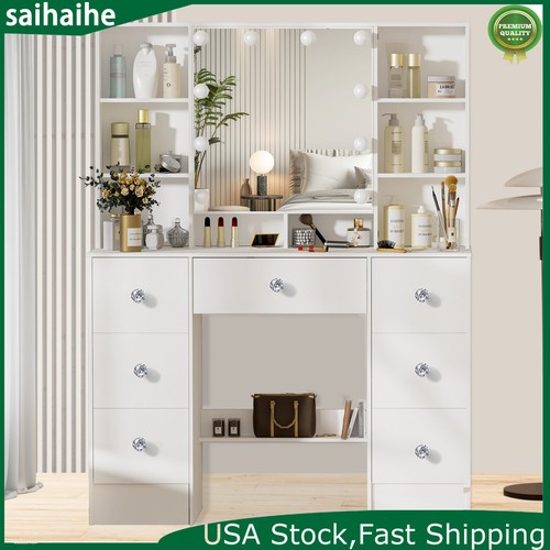 7 Drawers With LED Mirror Makeup Vanity Table Set Bedroom Dressing Dresser Desk