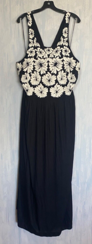 ANTHROPOLOGIE PLUS Embroidered Reversible Midi Dress Cross Back Black / White 3X