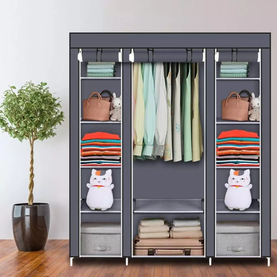 Portable Closet Wardrobe Clothes Rack Storage Organizer W/Shelves Fabric, Grey - Image 2 of 4