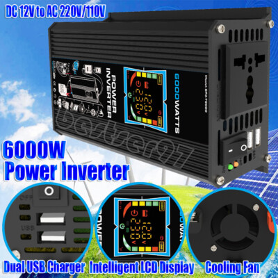 Car Auto 6000W Power Inverter DC12V to AC 110V 220V Converter With 2 USB Black