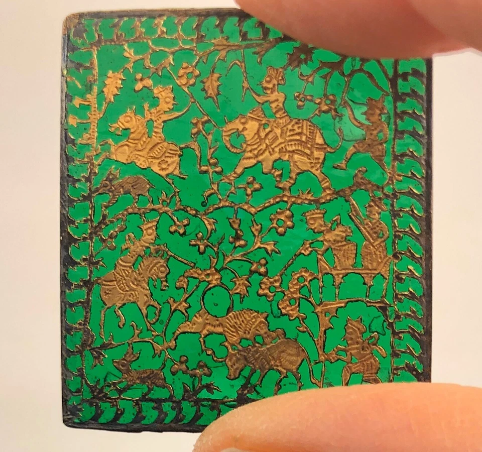 INDIA Raro Antiguo Siglo XIX Oro Plata Vidrio Mogol Pratapgarh Caza de León Foto 2 de 2