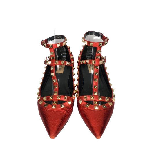 Valentino Garavani Women's Metallic Rockstud Leather Ballet Flats Red EU 37 US 7 - Picture 2 of 10